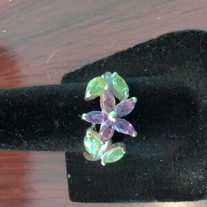 Elegant Purple and Green Floral Sterling Silver Ring